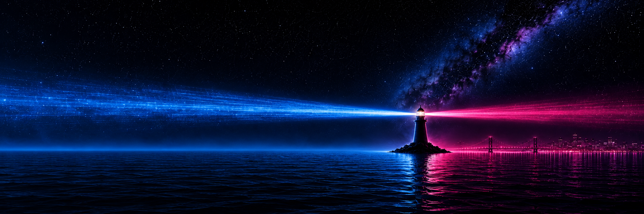 A lighthouse casts blue and magenta beams across a star-filled sea toward a bridge and distant skyline.